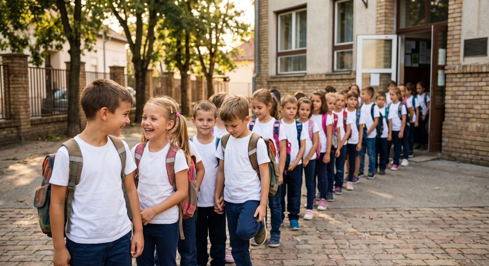 Gyerekek egységes pólóban az iskolaudvaron