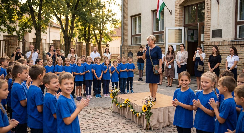 Gyerekek egységes pólóban egy iskolai ünnepségen